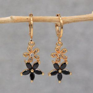 18K Yellow Gold Filled Black Onyx Diamond Zircon Layered Flower Dangle Earrings